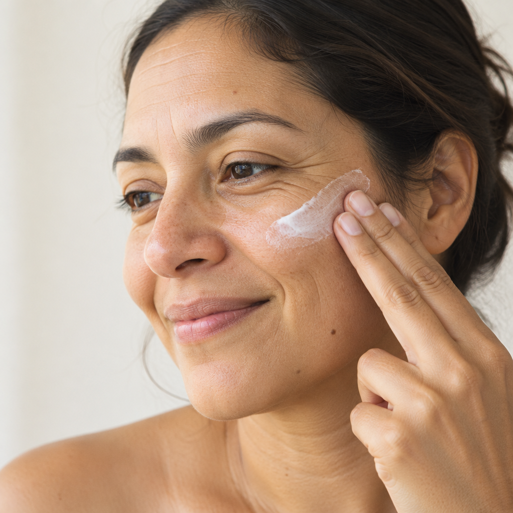 Mujer aplicándose Hydra Peptide de ÁNIMUS Lab en el pómulo. Emulsión hidratante con cuatro péptidos, ceramida NP con colesterol y aceite de cacay, para piel normal a seca.
