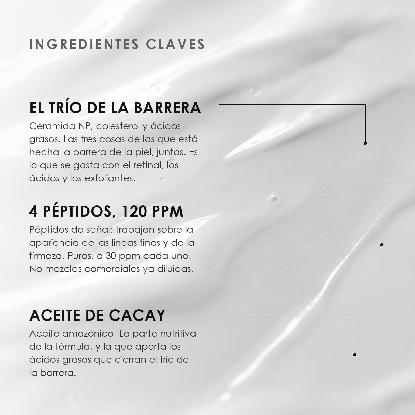Hydra Peptide de ÁNIMUS Lab: ingredientes clave. Ceramida NP, colesterol y ácidos grasos del aceite de cacay, cuatro péptidos a 30 ppm cada uno y aceite amazónico de cacay, sobre la textura de la emulsión.