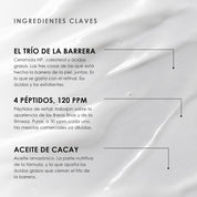 Hydra Peptide de ÁNIMUS Lab: ingredientes clave. Ceramida NP, colesterol y ácidos grasos del aceite de cacay, cuatro péptidos a 30 ppm cada uno y aceite amazónico de cacay, sobre la textura de la emulsión.