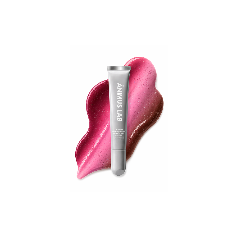 Lip serum de Ánimus Lab, sobre una textura brillante representando los tonos disponibles: translúcido, moca, peach, merlot y malva. 