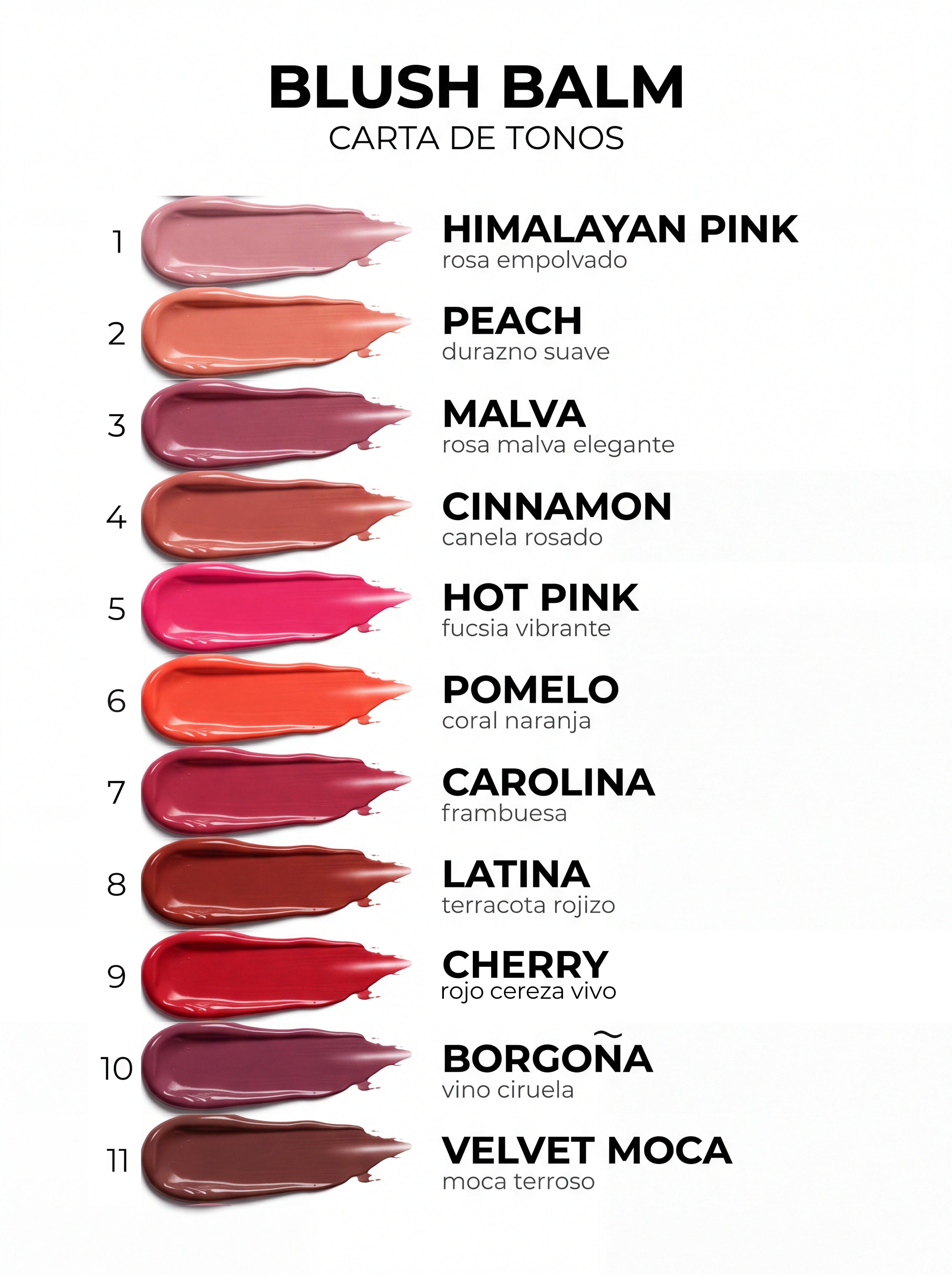 Carta de tonos Blush Balm ANIMUS LAB, 11 tonos del mas claro al mas profundo