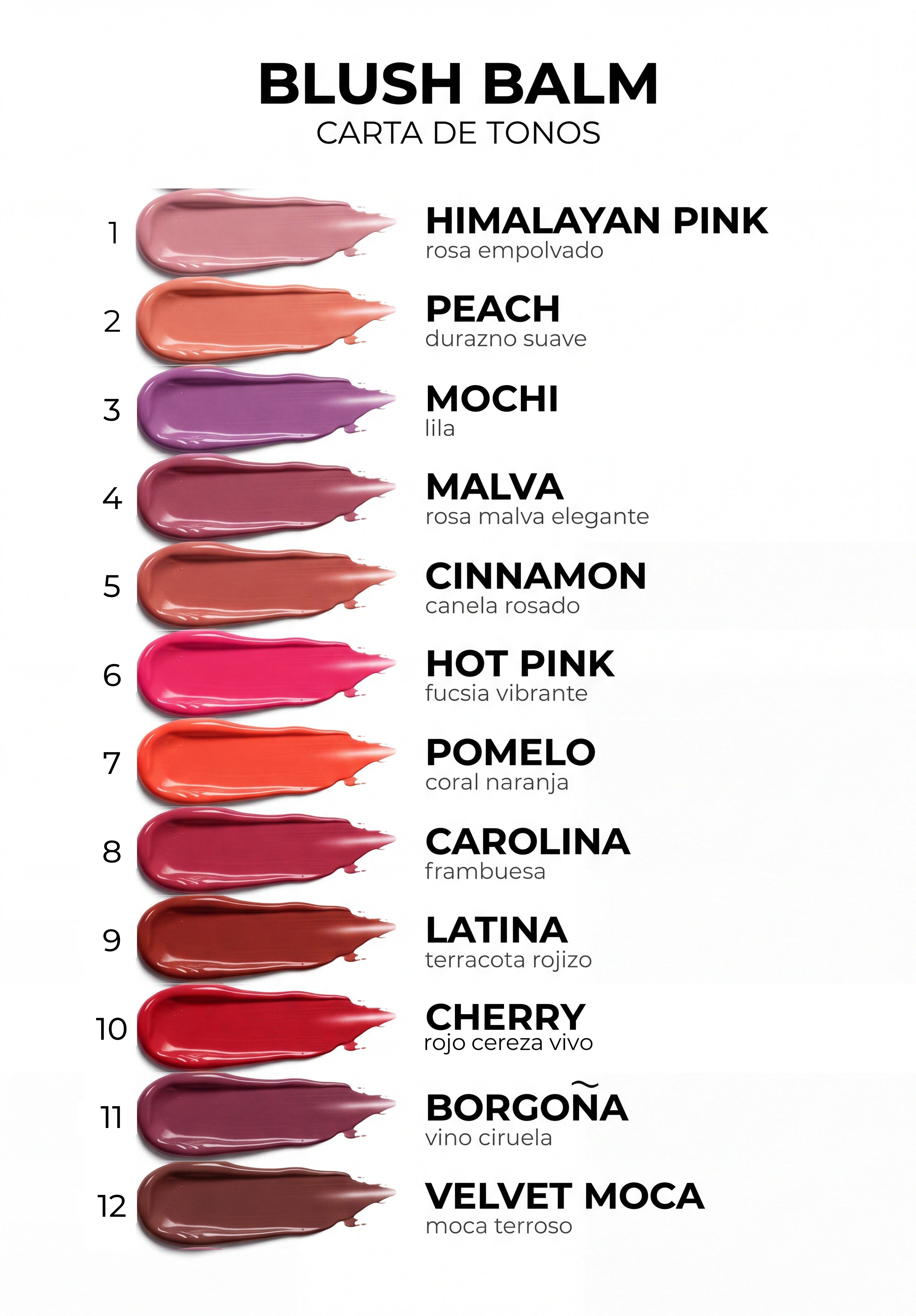 Carta de tonos Blush Balm ÁNIMUS LAB: 12 tonos, de Himalayan Pink a Velvet Moca, con Mochi de tercero