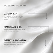 Ingredientes clave de Contorno de Ojos con Cafeína de ÁNIMUS Lab: cafeína 1,5%, tranexámico 3%, eyeseryl y adenosina.