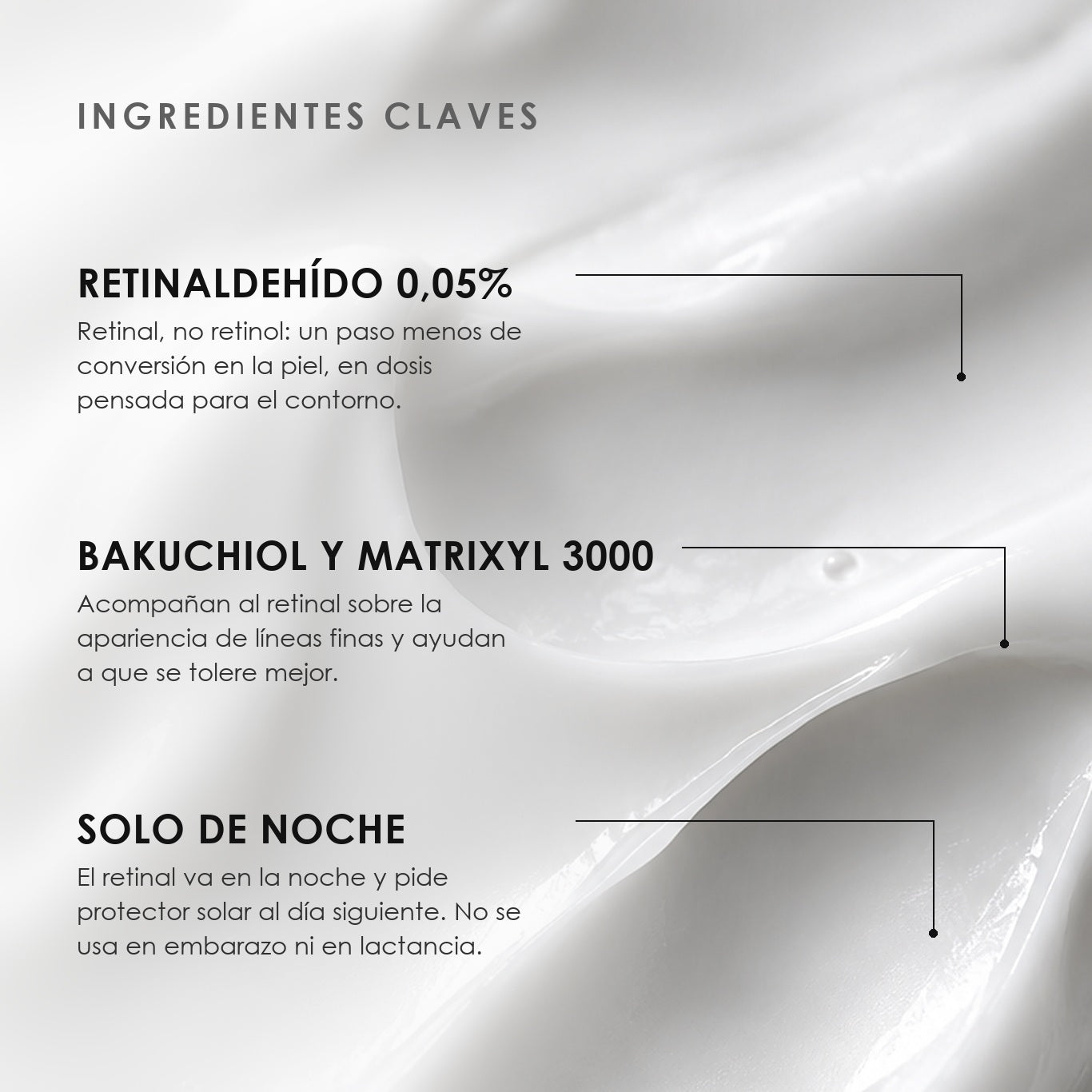 Ingredientes clave de Contorno de Ojos con Retinal de ÁNIMUS Lab: retinaldehído 0,05%, bakuchiol y matrixyl 3000, solo de noche.