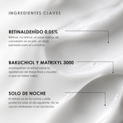 Ingredientes clave de Contorno de Ojos con Retinal de ÁNIMUS Lab: retinaldehído 0,05%, bakuchiol y matrixyl 3000, solo de noche.