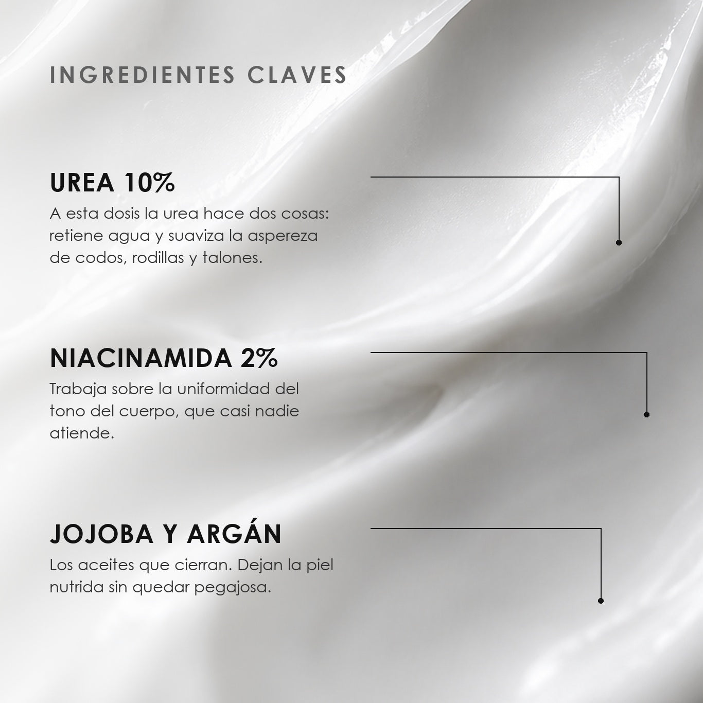 Ingredientes clave de Crema Corporal ReNova Body de ÁNIMUS Lab: urea 10%, niacinamida 2%, jojoba y argán.
