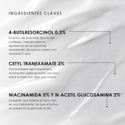 Ingredientes clave de Emulsión Hidratante Iluminadora de ÁNIMUS Lab: 4-butilresorcinol 0,3%, cetyl tranexamate 3%, niacinamida 5% y n-acetil glucosamina 2%.