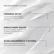 Ingredientes clave de Emulsión Limpiadora de ÁNIMUS Lab: ceramida np 2%, surfactantes suaves, ácido hialurónico y ectoína.
