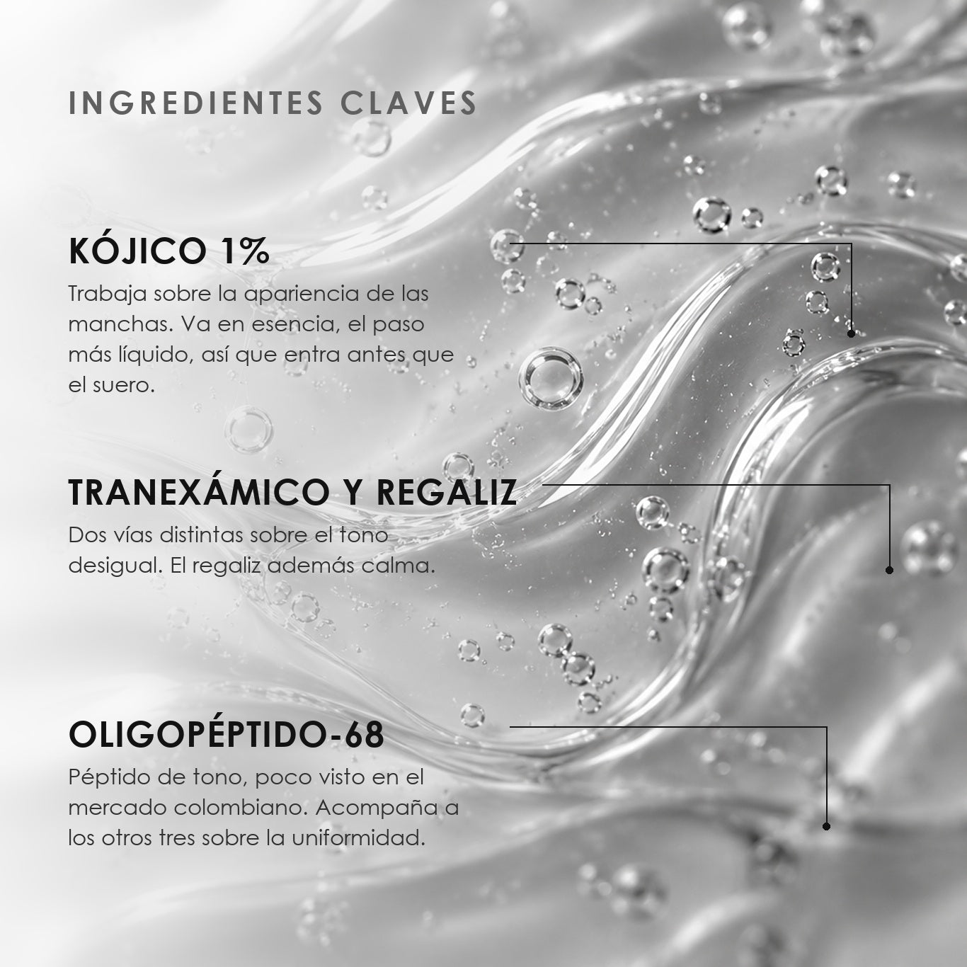 Ingredientes clave de Esencia Iluminadora de ÁNIMUS Lab: kójico 1%, tranexámico y regaliz, oligopéptido-68.