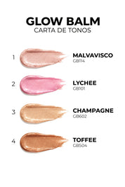 Carta de tonos Glow Balm: Malvavisco GB114, Lychee GB101, Champagne GB602 y Toffee GB504