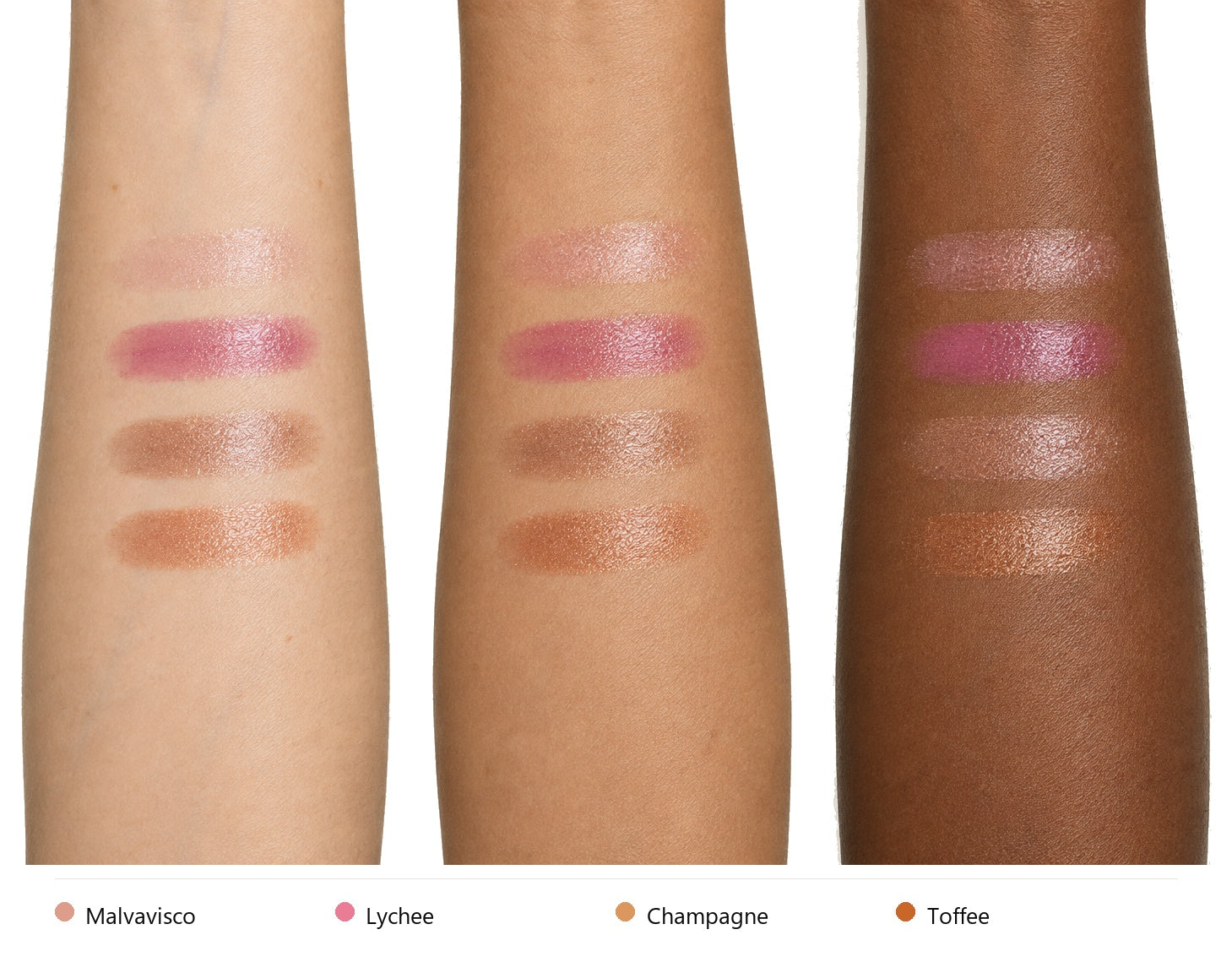 Los cuatro tonos de Glow Balm aplicados sobre tres tonos de piel: Malvavisco, Lychee, Champagne y Toffee