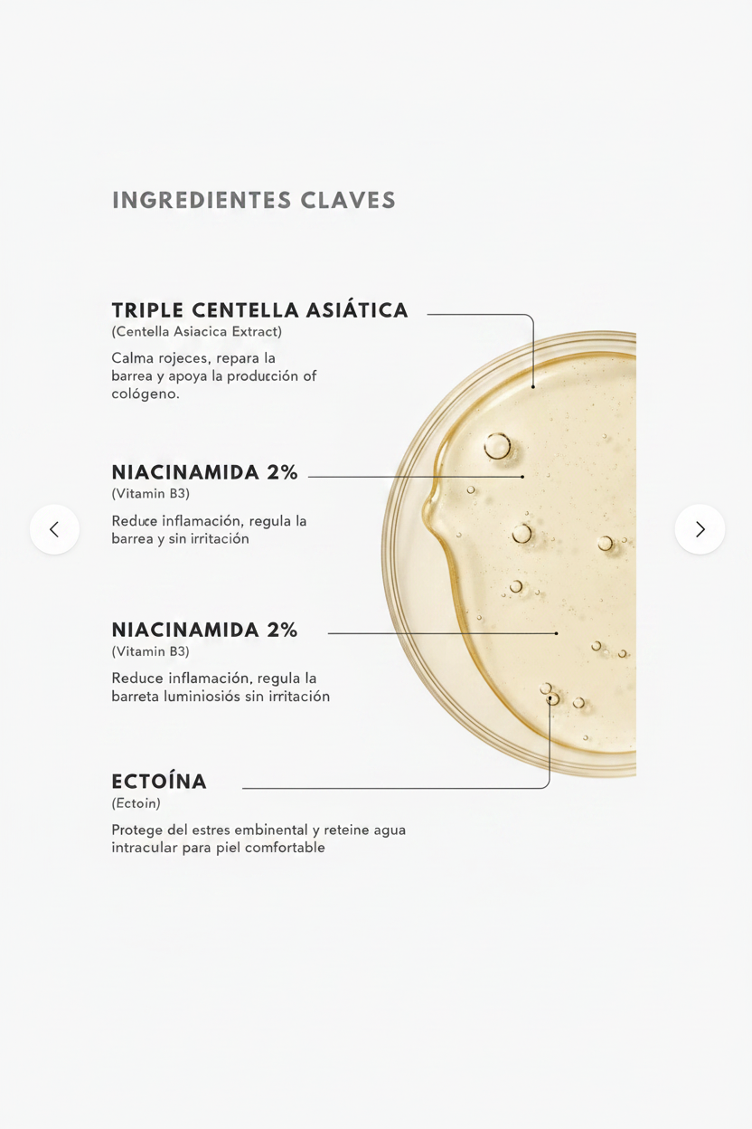 Ingredientes clave Esencia de Centella Asiática - Triple Centella, Niacinamida, Ectoína