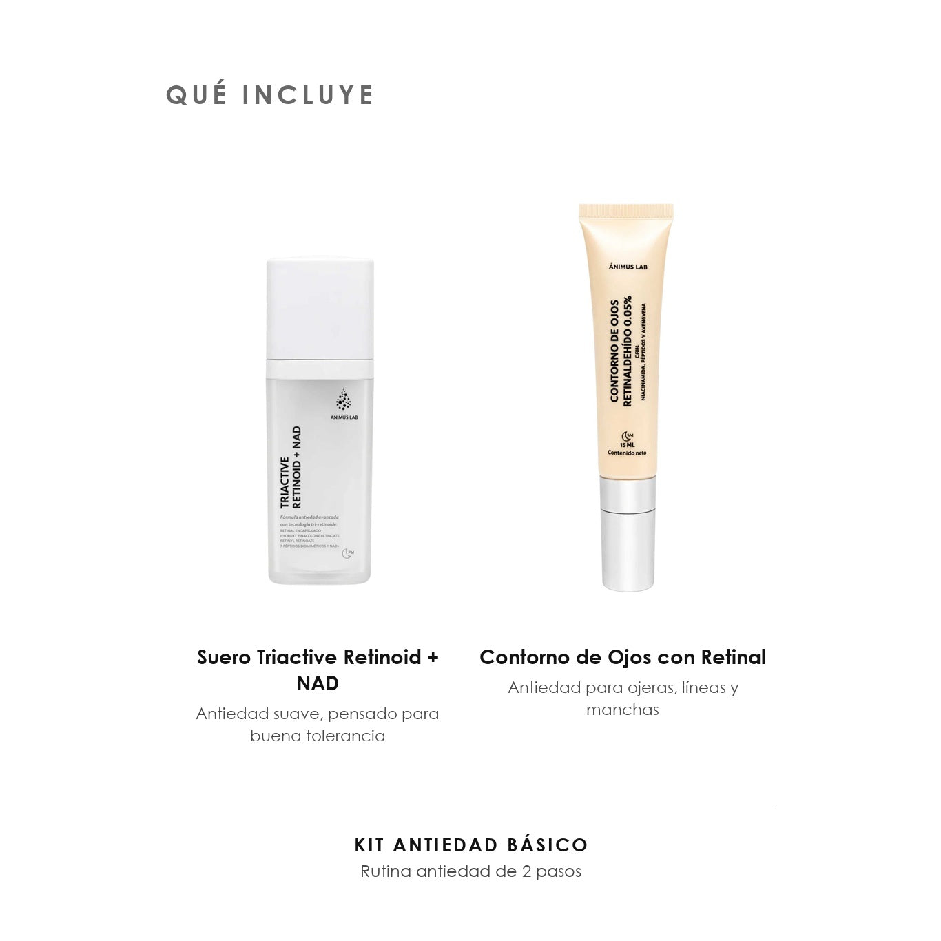 Qué incluye el Kit Antiedad Básico de ÁNIMUS Lab: Suero Triactive Retinoid + NAD y Contorno de Ojos con Retinal.
