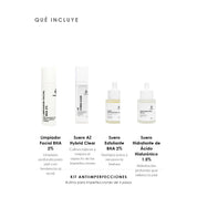 Qué incluye el Kit Antiimperfecciones de ÁNIMUS Lab: Limpiador Facial BHA 2%, Suero AZ Hybrid Clear, Suero Exfoliante BHA 2% y Suero Hidratante de Ácido Hialurónico 1.5%.
