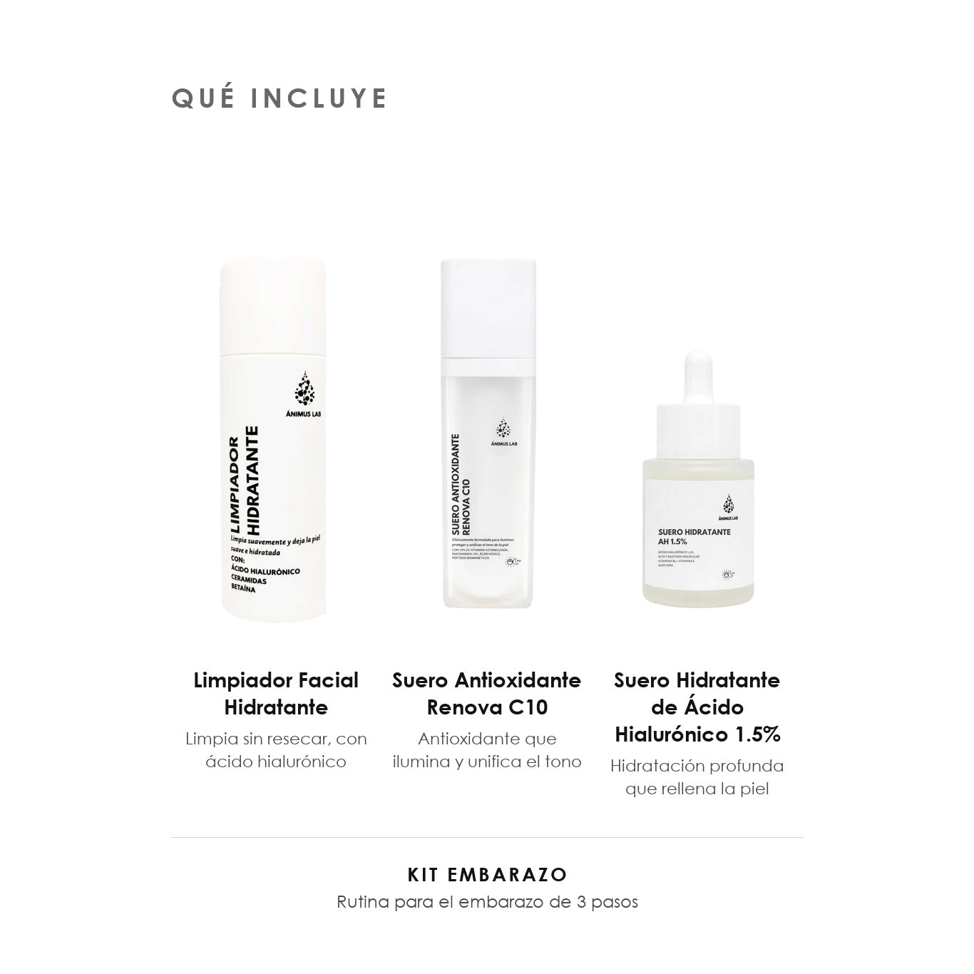 Qué incluye el Kit Embarazo de ÁNIMUS Lab: Limpiador Facial Hidratante, Suero Antioxidante Renova C10 y Suero Hidratante de Ácido Hialurónico 1.5%.