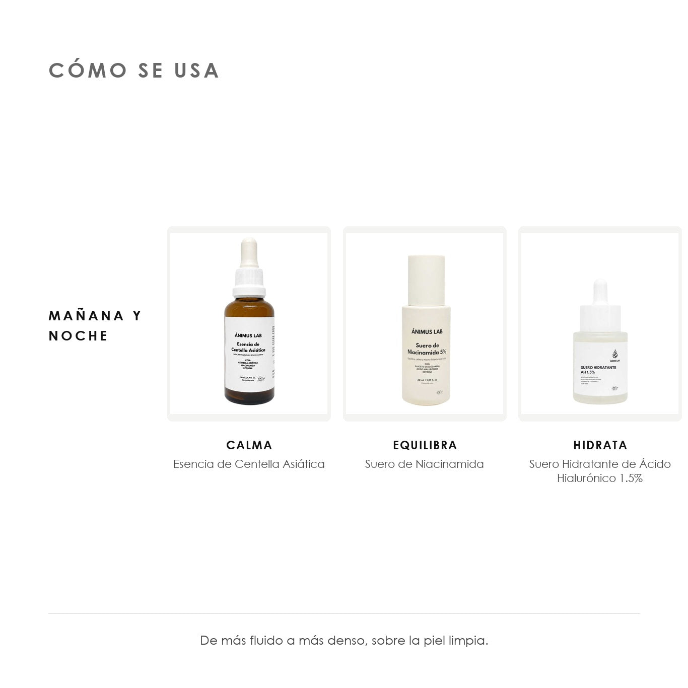 Cómo se usa el Kit Favoritos de ÁNIMUS Lab. mañana y noche: Esencia de Centella Asiática, Suero de Niacinamida, Suero Hidratante de Ácido Hialurónico 1.5%.