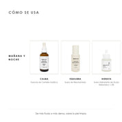 Cómo se usa el Kit Favoritos de ÁNIMUS Lab. mañana y noche: Esencia de Centella Asiática, Suero de Niacinamida, Suero Hidratante de Ácido Hialurónico 1.5%.