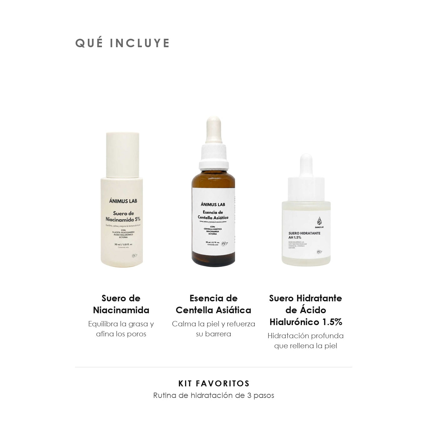 Qué incluye el Kit Favoritos de ÁNIMUS Lab: Suero de Niacinamida, Esencia de Centella Asiática y Suero Hidratante de Ácido Hialurónico 1.5%.