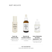 Qué incluye el Kit Favoritos de ÁNIMUS Lab: Suero de Niacinamida, Esencia de Centella Asiática y Suero Hidratante de Ácido Hialurónico 1.5%.