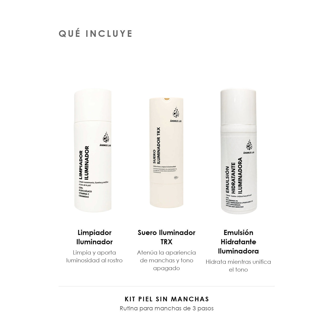 Qué incluye el Kit Piel sin Manchas de ÁNIMUS Lab: Limpiador Iluminador, Suero Iluminador TRX y Emulsión Hidratante Iluminadora.