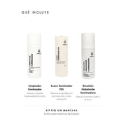 Qué incluye el Kit Piel sin Manchas de ÁNIMUS Lab: Limpiador Iluminador, Suero Iluminador TRX y Emulsión Hidratante Iluminadora.