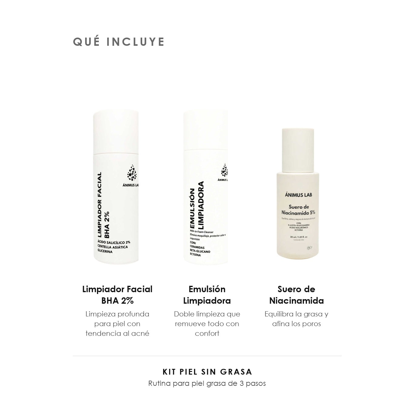 Qué incluye el Kit Piel sin Grasa de ÁNIMUS Lab: Limpiador Facial BHA 2%, Emulsión Limpiadora y Suero de Niacinamida.