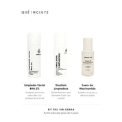 Qué incluye el Kit Piel sin Grasa de ÁNIMUS Lab: Limpiador Facial BHA 2%, Emulsión Limpiadora y Suero de Niacinamida.
