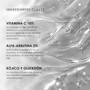 Ingredientes clave de Suero Vitamina C+ de ÁNIMUS Lab: vitamina c 10%, alfa-arbutina 2%, kójico y glutatión.