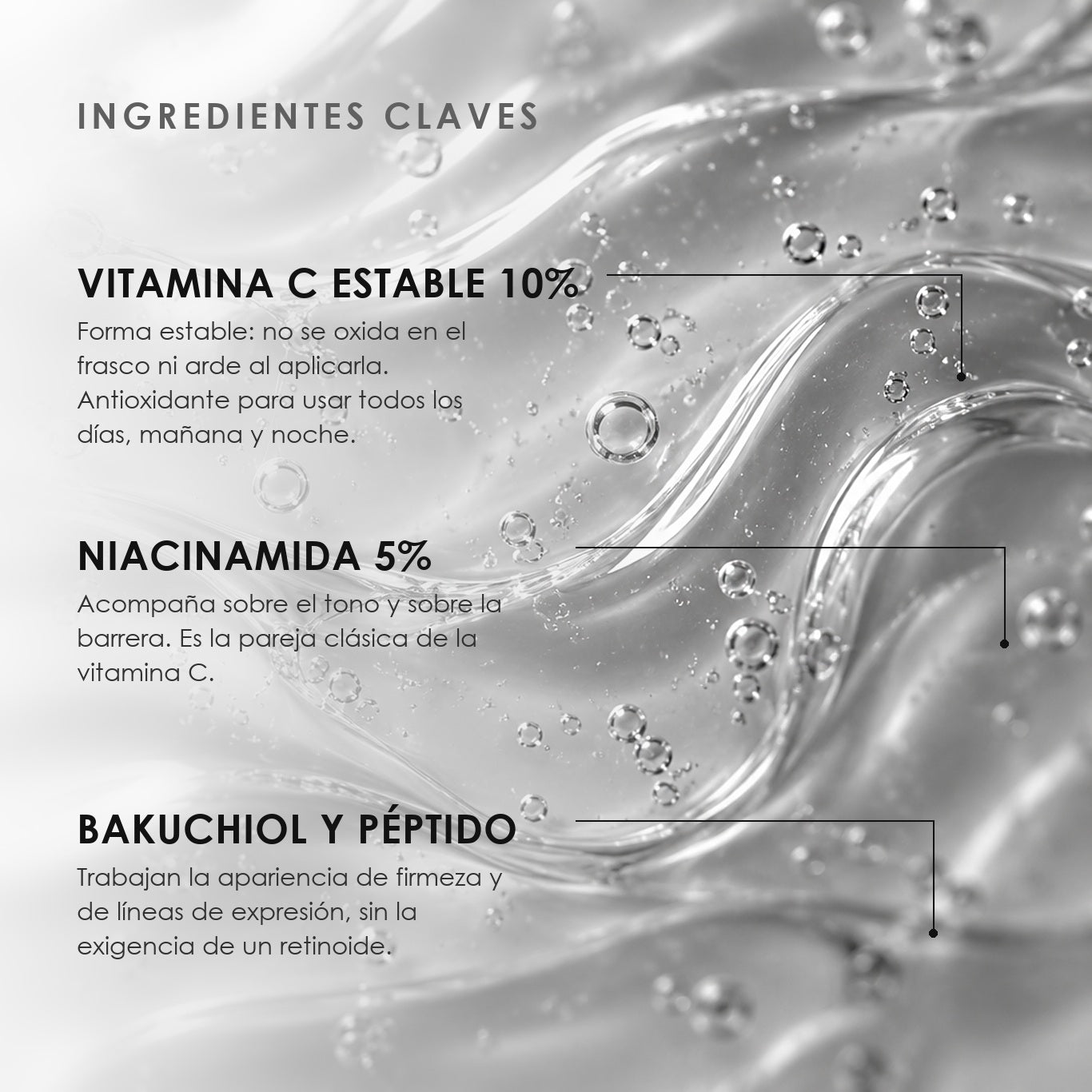 Ingredientes clave de Suero Antioxidante Renova C10 de ÁNIMUS Lab: vitamina c estable 10%, niacinamida 5%, bakuchiol y péptido.