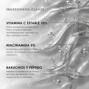 Ingredientes clave de Suero Antioxidante Renova C10 de ÁNIMUS Lab: vitamina c estable 10%, niacinamida 5%, bakuchiol y péptido.
