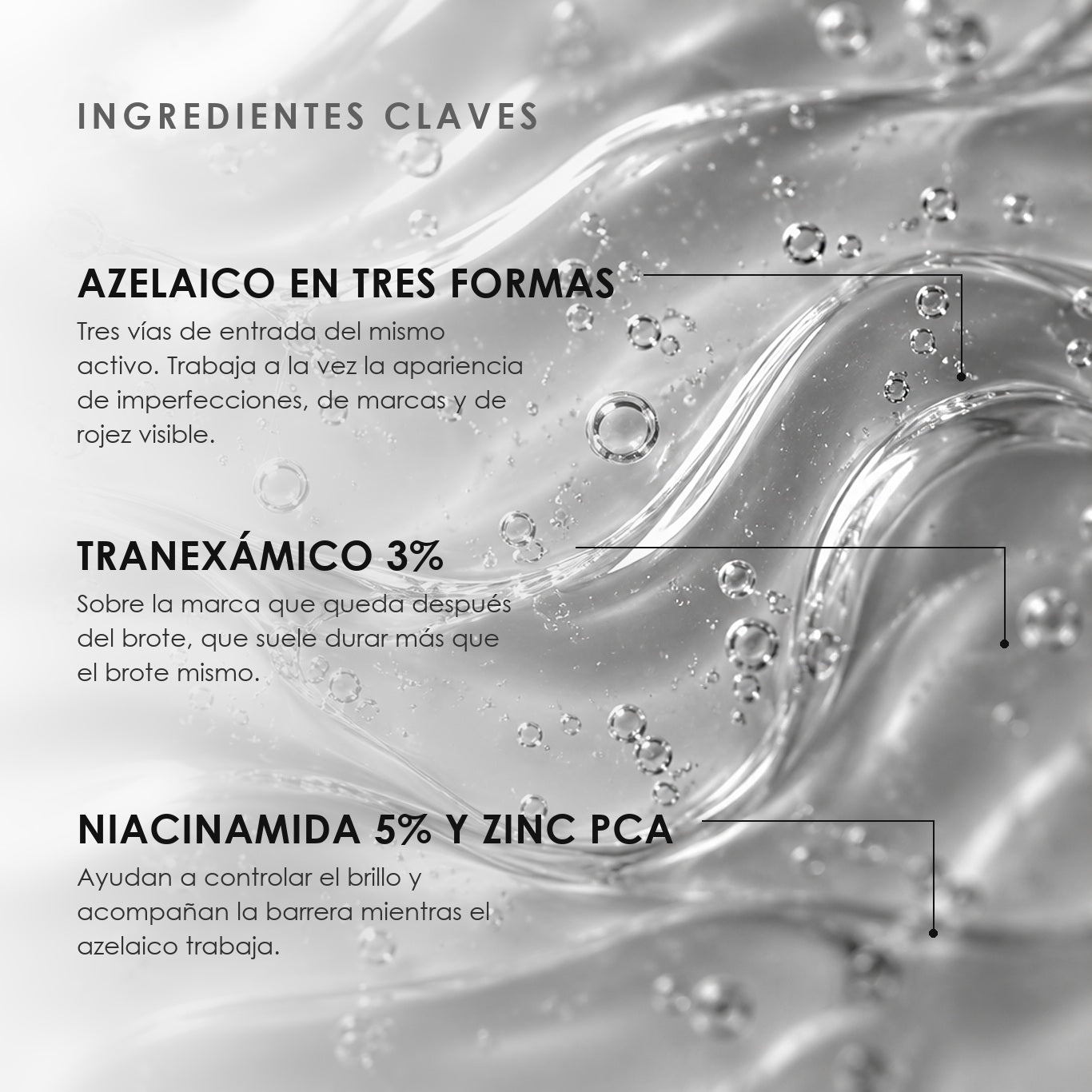 Ingredientes clave de Suero AZ Hybrid Clear de ÁNIMUS Lab: azelaico en tres formas, tranexámico 3%, niacinamida 5% y zinc pca.