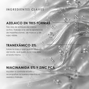 Ingredientes clave de Suero AZ Hybrid Clear de ÁNIMUS Lab: azelaico en tres formas, tranexámico 3%, niacinamida 5% y zinc pca.